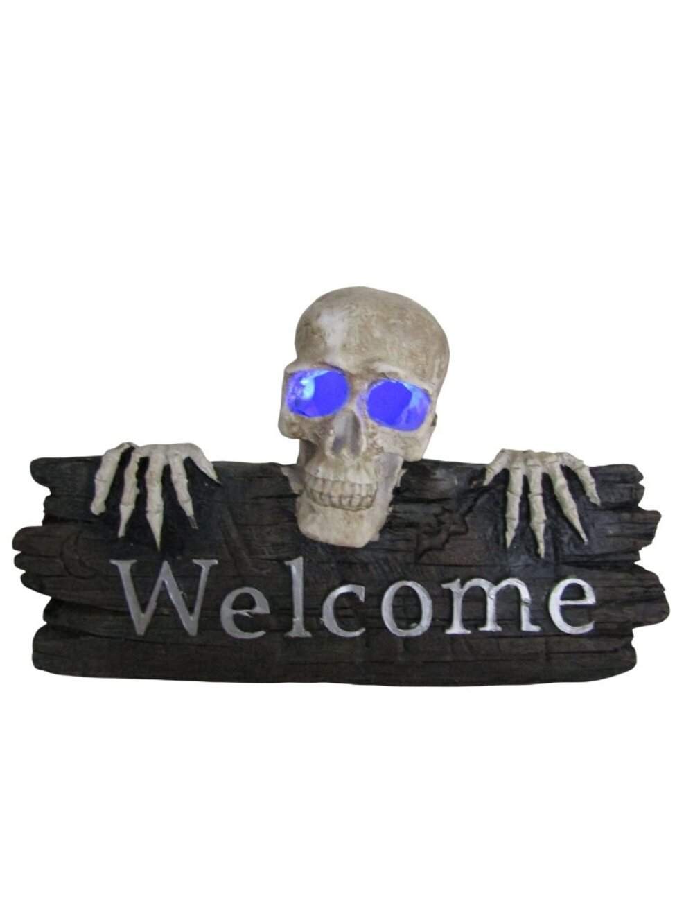 HALLOWEEN Skull skeleton Lighted Eyes Resin Yard Plaque Welcome Sign 11 x 7